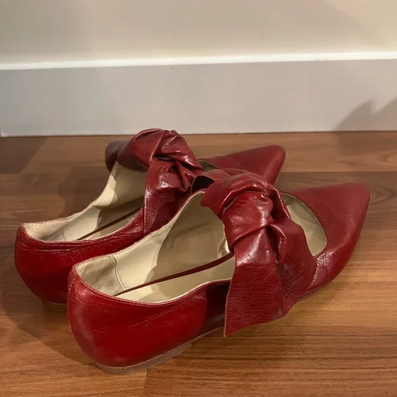 Zara Red Leather Bow Flats - Picture 7 of 8